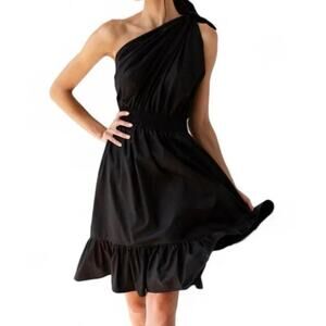 MONICA NERA Demi Mini Dress Black One Shoulder Self Tie Smocked Women's S